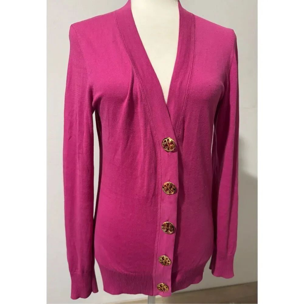 Tory Burch large button logo front pink sweater S